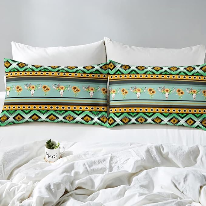 Feelyou Bohemia Duvet Cover Set Retro Geometric Boho Style Comforter Cover for Kids Adults Skull Sunflowers Bedding Set Teal