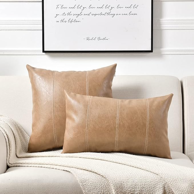 Fancy Homi 2 Packs Tan Long Lumbar Faux Leather Decorative Throw Pillow Covers 12x24 Inch for Outdoor Couch Bed, Beige Hand Stitched Cushion Case 30x60 cm, Taupe Modern Farmhouse Home Decor