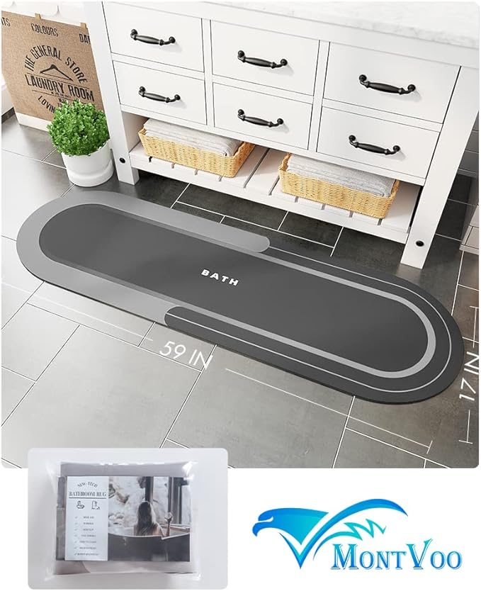MontVoo Bath Mat Runner - Long Non Slip Absorbent Quick Dry Thin Bath Rug for Bathroom Floor Mat - Rubber Backed - Stain Resistant - Easy Care - Darkgrey 17"x59"