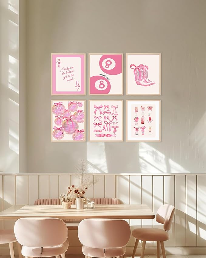 ASTRDECOR Pink Coquette Trendy Preppy Wall Art Prints Set of 6, Preppy Room Decor, Pink Bow Lucky 8 Ball Disco Wall Decor Posters, Coquette Room Decor Aesthetic for Girls Bedroom Dorm, 8x10 Unframed