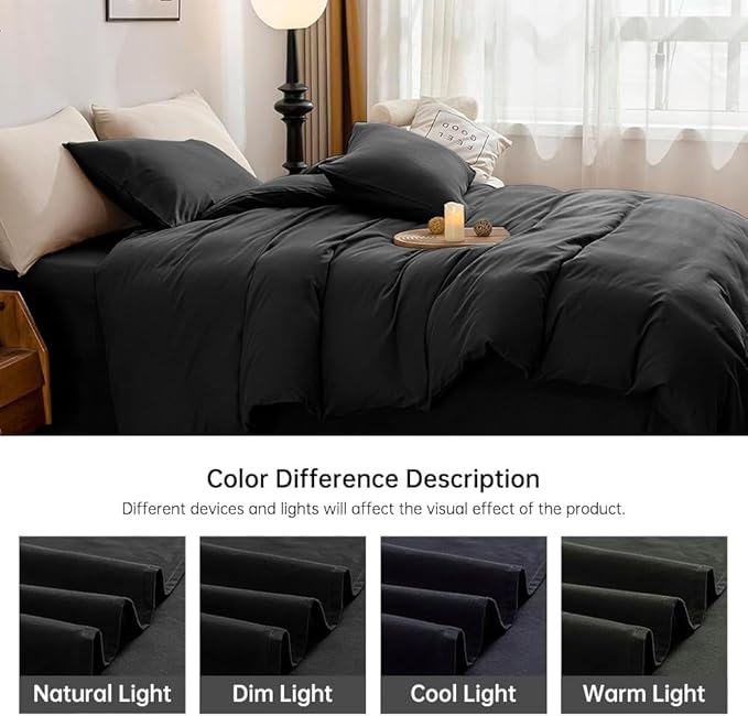 JELLYMONI Cotton Duvet Cover King Size - 100% Washed Cotton Linen Like Textured Comforter Cover, 3 Pieces Breathable Soft Bedding Set with Zipper Closure (Black, King 104"x90")