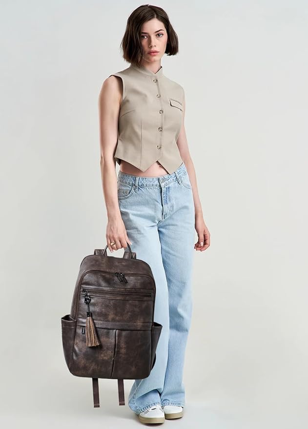 Leather Laptop Backpack for Women, 15.6" Causal Daypack Backpacks Purse Computer Backpack with Laptop Compartment for Travel Work College Business, Coffee