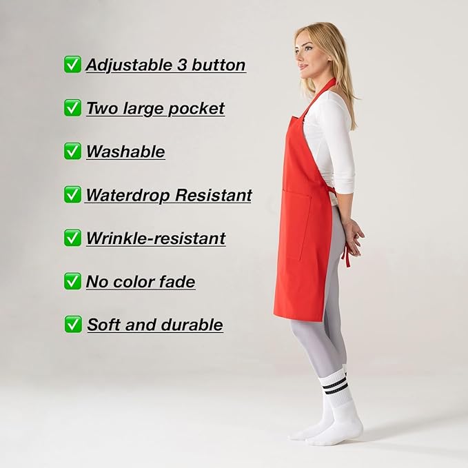TOSHE Kitchen Apron Waterdrop Resistant Cotton Apron with adjustable Aprons for Women with Pockets 10 Color option Cooking Red Apron (Red)