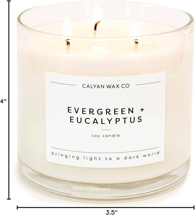 Calyan Wax Co. 3 Wick Candle, Evergreen + Eucalyptus Scented Candle, 43 Hour Burn Time, 3 Wick Soy Candles, Non Toxic & Vegan Soy Wax, Glass Jar Scented Candles, 14.9oz