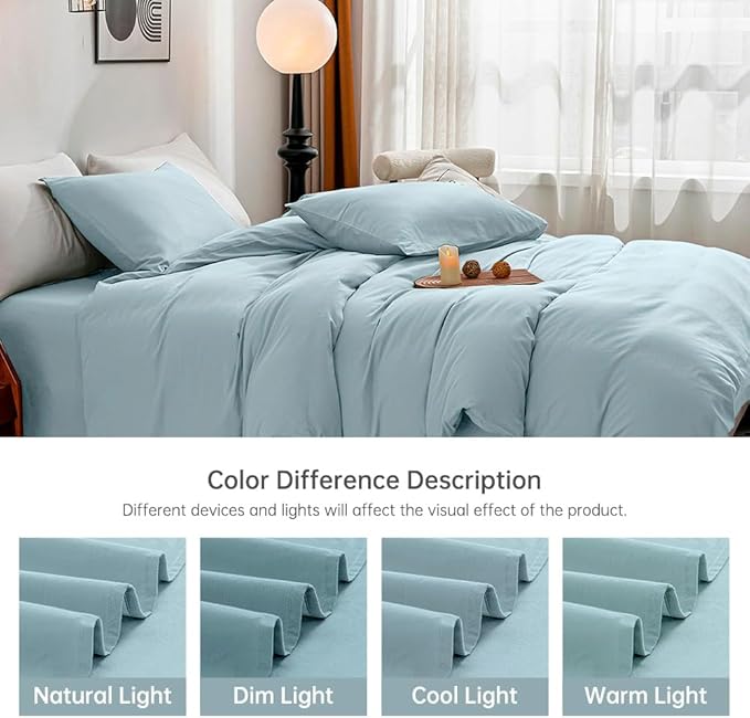 JELLYMONI Cotton Duvet Cover King Size - 100% Washed Cotton Linen Like Textured Comforter Cover, 3 Pieces Breathable Soft Bedding Set with Zipper Closure (Light Blue, 104"x 90")