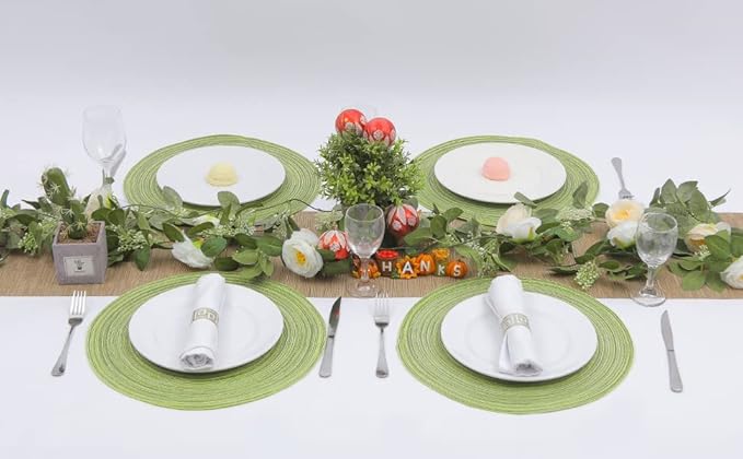 SHACOS Round Placemats Set of 4 Round Table Placemats Braided Cotton Place Mats 15 inch for Kitchen Dining Table Holiday Party (Pea Green, 4)