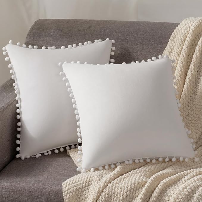 DEZENE Decorative Pillow Cases 20x20 Cream White: 2 Pack Cozy Soft Pom-poms Velvet Square Throw Pillow Covers for Farmhouse Home Decor