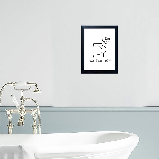 Framed Minimalist Canvas Print - Funny Bathroom Wall Art, Humoristic Restroom Decor