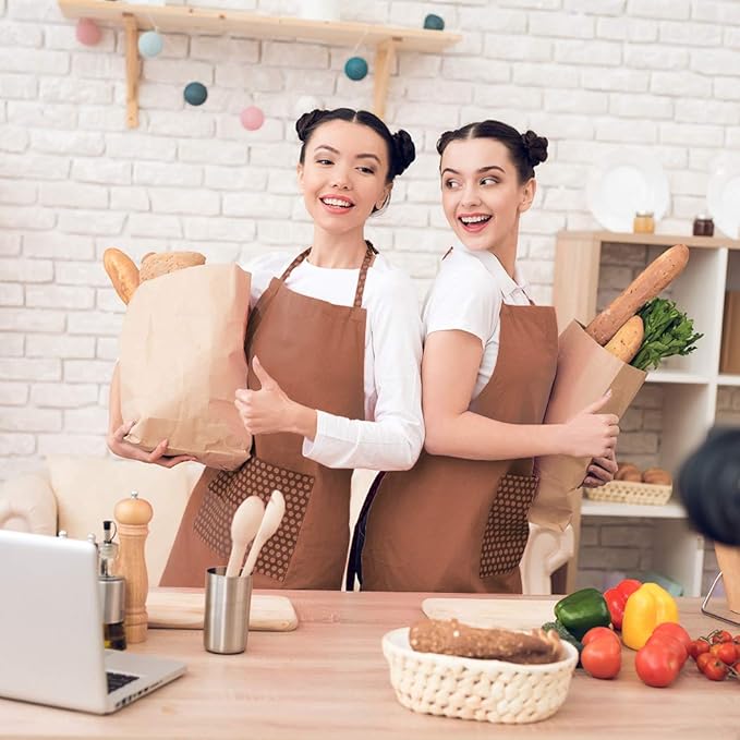 Total 6PCS Brown Bib Apron Adult with 2 Pockets for Women Men Chef Cooking Kitchen (6, Brown)