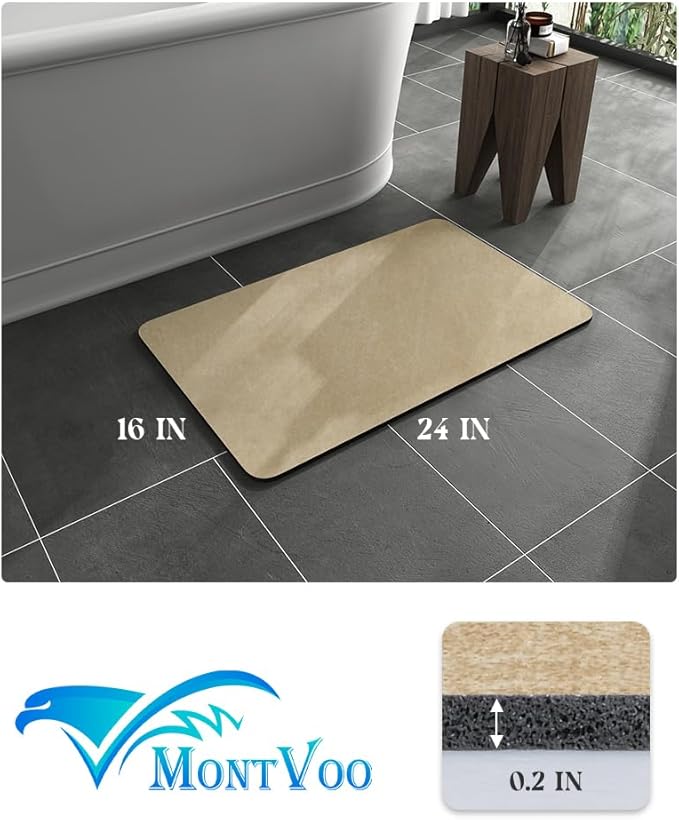 MontVoo -Bath Mat Rug-Rubber Backing Non Slip Quick Dry Absorbent Thin Bathroom Rugs Fit Under Door-Faux Suede Surface Bathroom Floor Mats-Shower Rug for in Front of Bathtub Shower Beige 16"x24"