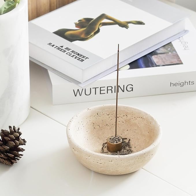 Koville Natural Marble Incense Holder, Incense Holder for Sticks with 9 Holes, Handmade Incense Burner Ash Catcher for Meditation Yoga SPA, Balsam Fir/Palo Santo/Sage/Cone (Beige)