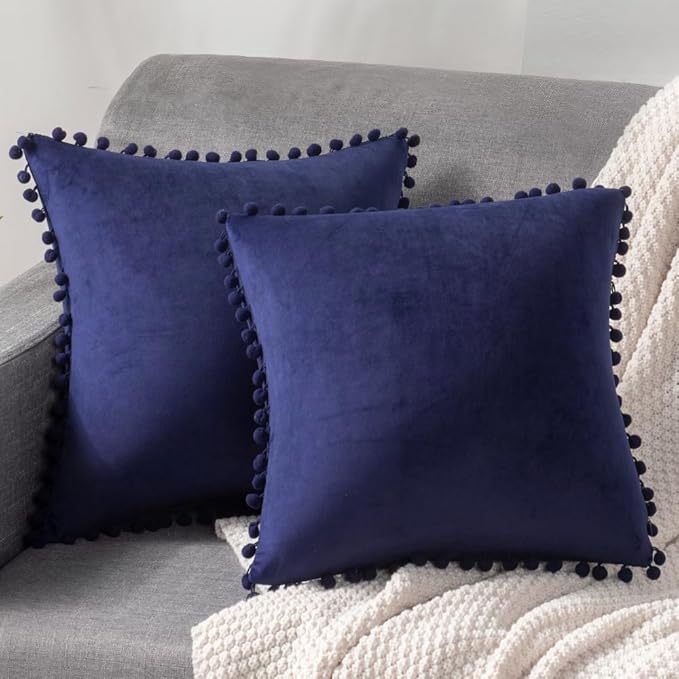 DEZENE Couch Pillow Cases 18x18 Navy: 2 Pack Cozy Soft Pom-poms Velvet Square Throw Pillow Covers for Farmhouse Home Decor