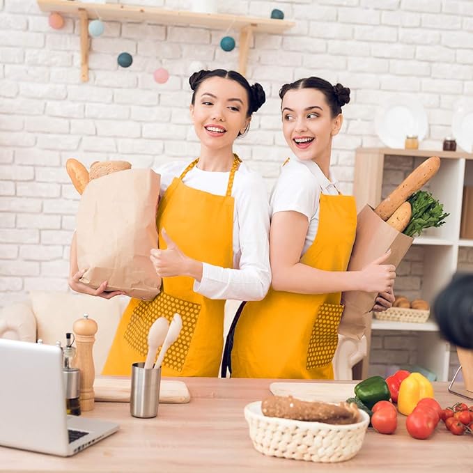 Total 6PCS Yellow Apron for Adult Women Unisex Durable Comfortable with 2 Front Pocket Washable Plain Color Bib Chef Apron for Cooking Baking Kitchen Restaurant Crafting Painting Party