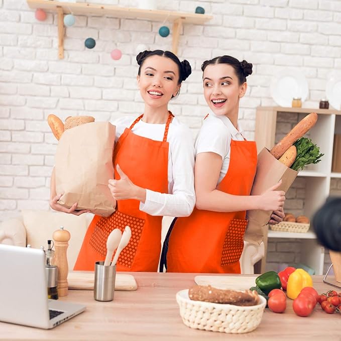 Total 6PCS Plain Color Bib Apron Adult Women Unisex Durable Comfortable with 2 Front Pocket Washable Chef for Cooking Baking Kitchen Restaurant Crafting Orange