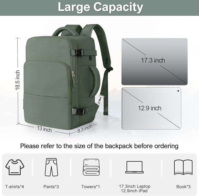 Travel Backpack, Carry on Flight Approved Backpack with Multi-Pockets, TSA Waterproof 17.3inch Laptop Backpack, Personal Item Travel Bag for Men Women, Army Green