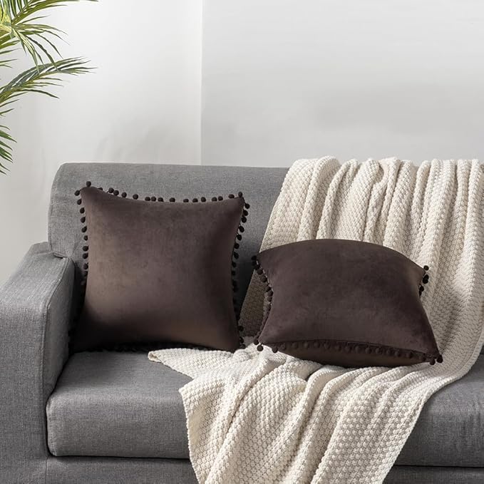 DEZENE Decorative Pillow Cases 24x24 Brown: 2 Pack Cozy Soft Pom-poms Velvet Square Throw Pillow Covers for Farmhouse Home Decor