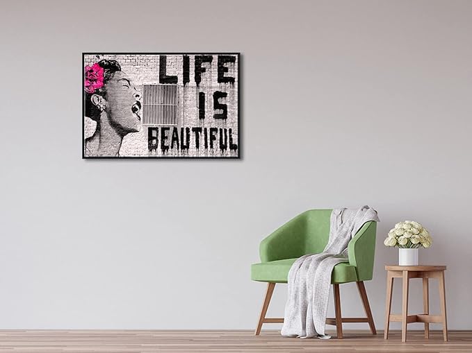 Wieco Art Framed Art Canvas Prints of Banksy Life is Beautiful Abstract Artwork for Wall Decor Black Frame BANKSY-2-6090-BF