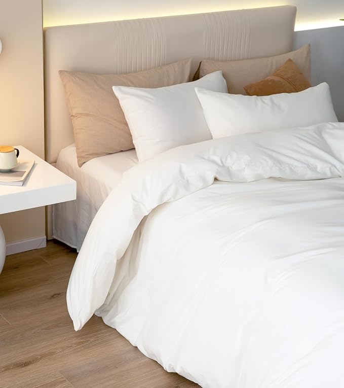 JIYUAN 100% Washed Cotton Duvet Cover Set 2 Pieces Twin, 1 Duvet Cover 68x90 Inches(Comforter Not Included) and 2 Pillowcases,Linen Feel Bedding Set Comfy and Breathable,Bright White