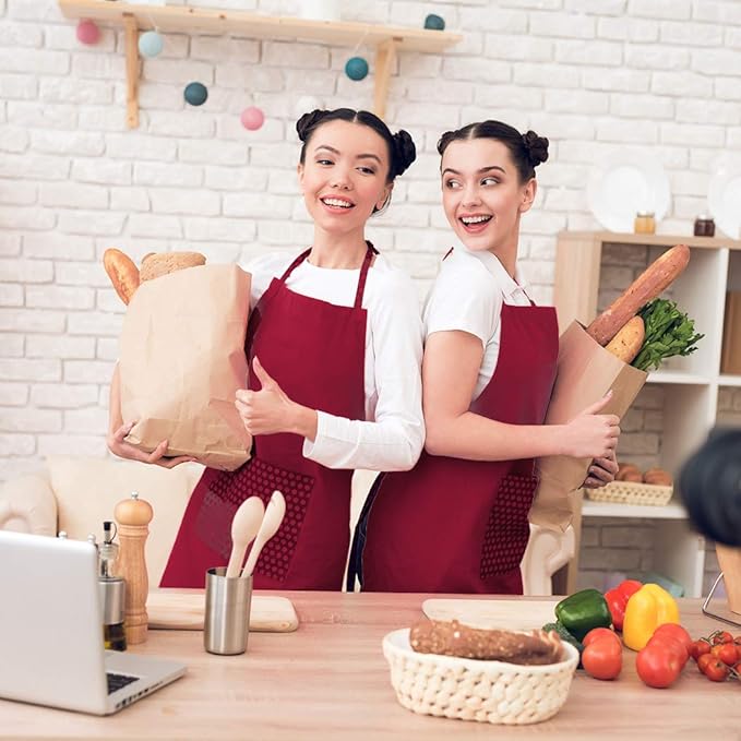 Total 6PCS Deep Red Bib Apron for Women Adult Unisex Durable Comfortable with 2 Front Pockets Washable Chef Aprons for Cooking Baking Kitchen Restaurant Crafting Painting.