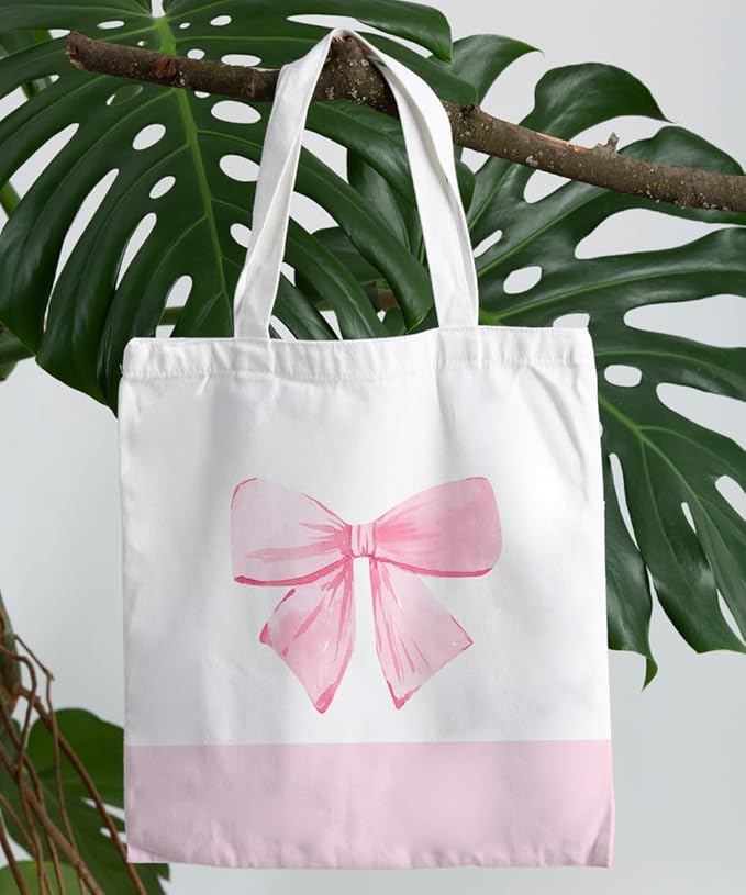 Coquette Pink Bow Preppy Canvas Tote Bag for Women Teens Teen Girls, Pink Bow Girls Tote Bag, Coquette Gifts