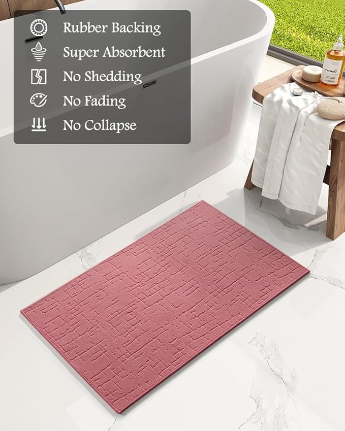 AMOAMI-Bath Mat-Absorbent Quick Dry Bathroom Floor Mats-Washable Rubber Backing Bath Mats for Bathroom Rugs Fit Under Door-Bath Rug for in Front of Sink Bathtub Shower Room, Pink 20''x32''