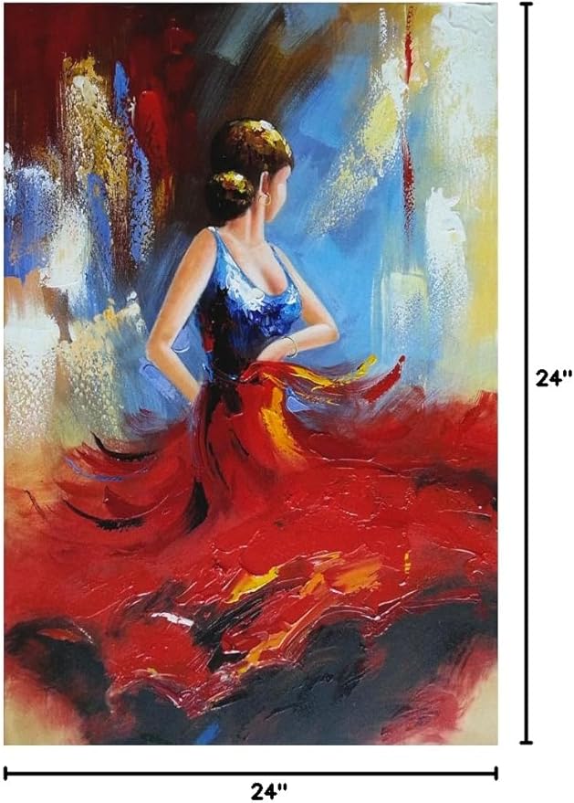 Wieco Art Flying Skirt Abstract Dancing People Oil Paintings on Canvas Wall Art work for Living Room Bedroom Home Decorations Wall Decor Large Modern Stretched and Framed Red Girl Dancer Artwork 24x36