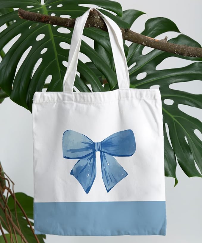 Coquette Pink Bow Preppy Canvas Tote Bag for Women Teens Teen Girls, Pink Bow Girls Tote Bag, Coquette Gifts