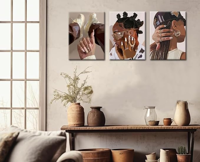 Marllifenney 3Pcs Black Girl Wall Art Framed Trendy Black Woman Decor Posters Abstract African American Canvas Prints Modern Black Women Painting Female Pictures for Bedroom Living Room Dorm 12x16in