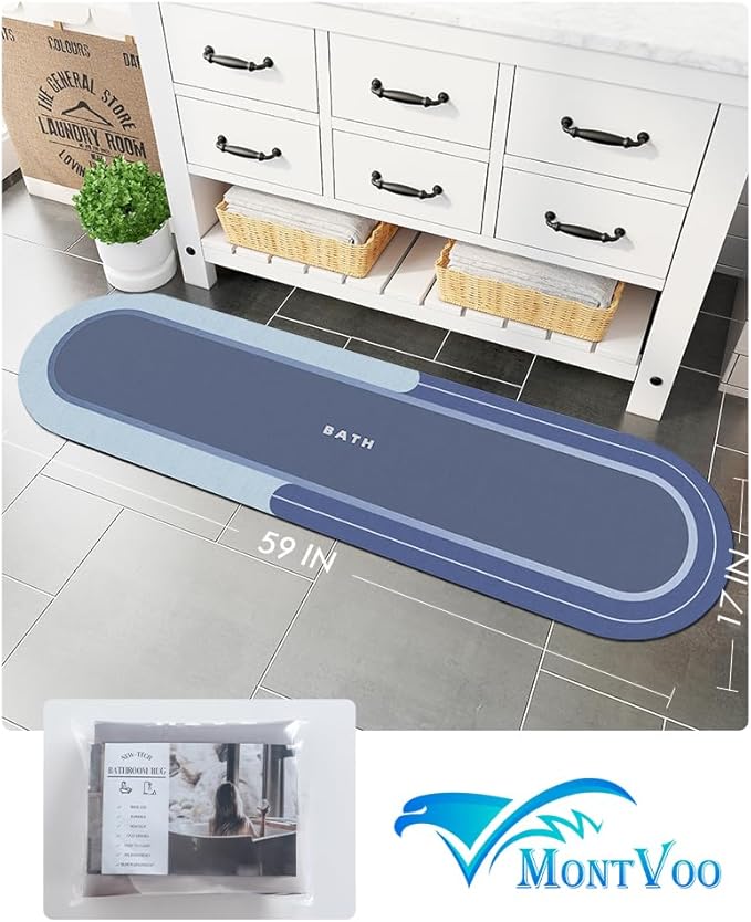MontVoo Bath Mat Runner - Long Non Slip Absorbent Quick Dry Thin Bath Rug for Bathroom Floor Mat - Rubber Backed - Stain Resistant - Easy Care - Gray 17"x59"