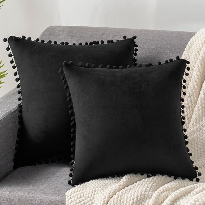 DEZENE Decorative Pillow Covers 20x20 Black: 2 Pack Cozy Soft Pom-poms Velvet Square Throw Pillow Cases for Farmhouse Home Decor