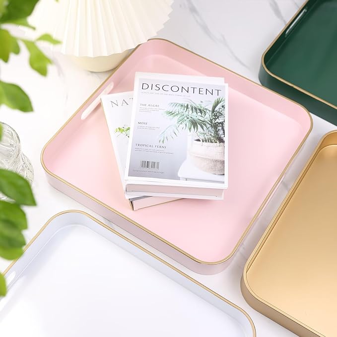 Green Square Decorative Tray with Handles, 13"*13" Versatile Serving Tray for Coffee Table, Ottoman, Ideal for Serving, Displaying, Organizing