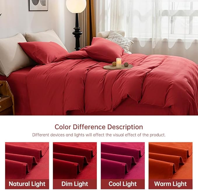 JELLYMONI Red Duvet Cover King Size - 100% Washed Cotton Linen Like Textured Comforter Cover, 3 Pieces Breathable Soft Bedding Set with Zipper Closure (Red, King 104"x90")