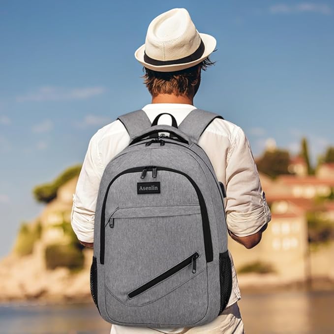 Asenlin Travel Laptop Backpack for Women & Men,Water Resistant Business Slim Sturdy Laptops Backpack with USB Charging Port,Fits 17.3 Inch Notebook College School Computer Bag-Grey