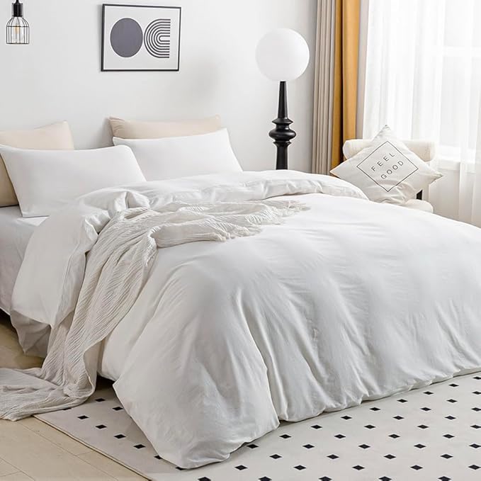 JELLYMONI Cotton White Duvet Cover Super King Size - 100% Washed Cotton Linen Like Textured Comforter Cover, 3 Pieces Breathable Soft Bedding Set with Zipper Closure (Bright White, 116"x98")
