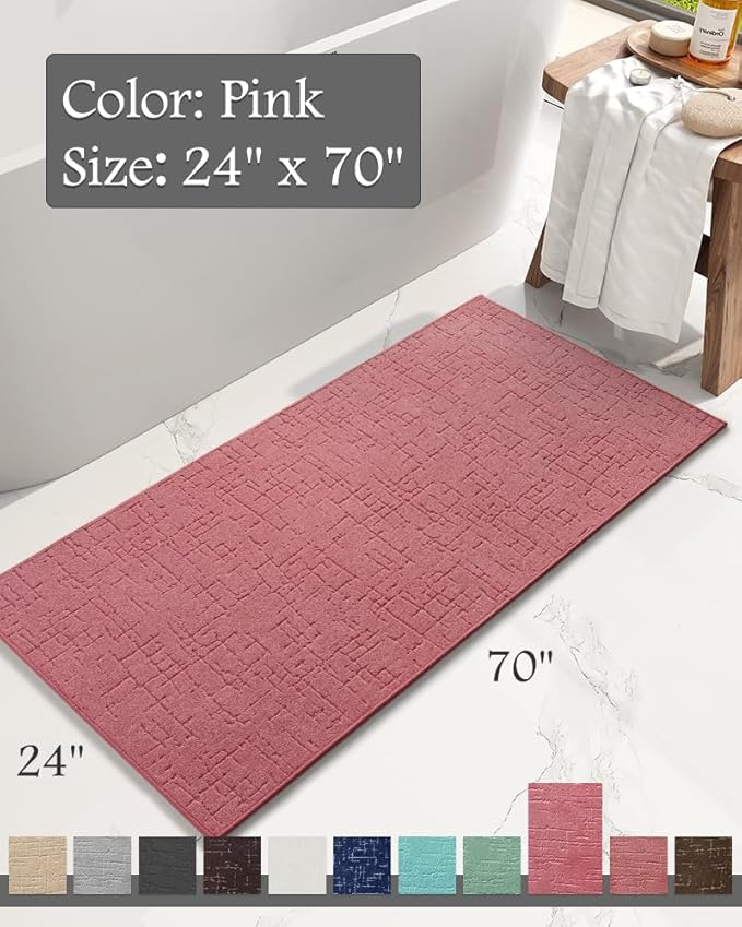 AMOAMI-Bath Mat-Absorbent Quick Dry Bathroom Floor Mats-Washable Rubber Backing Bath Mats for Bathroom Rugs Fit Under Door-Bath Rug for in Front of Sink Bathtub Shower Room, Pink 24''x70''