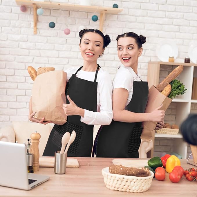Total 6PCS Black Apron for Wowen Adult Unisex with 2 Pockets-Chef Cooking Baking Kitchen Restaurant Crafting Painting Party Aprons