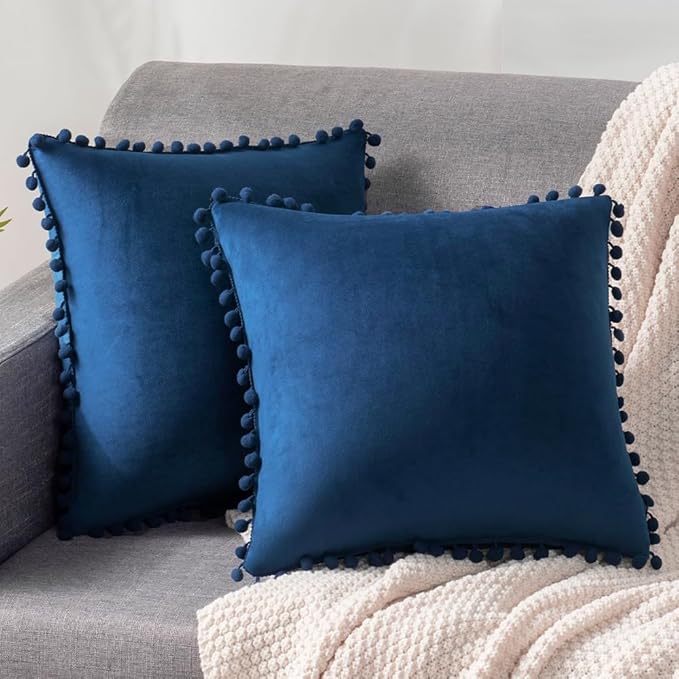 DEZENE 16x16 Throw Pillow Covers Dark-Blue: 2 Pack Cozy Soft Pom-poms Velvet Square Decorative Pillow Cases for Farmhouse Home Decor