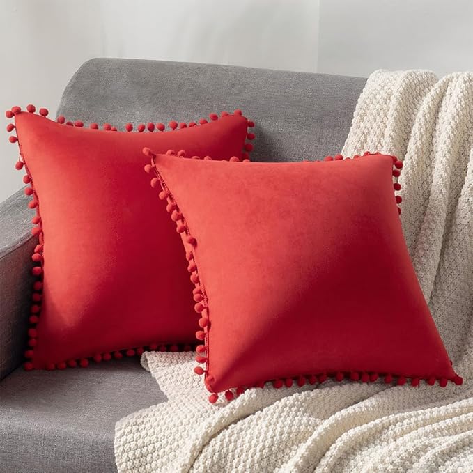 DEZENE Throw Pillow Covers 18x18 Red: 2 Pack Cozy Soft Pom-poms Velvet Square Decorative Pillow Cases for Farmhouse Home Decor