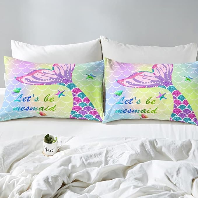 Feelyou Mermaid Duvet Cover Set Pink Teal Purple Scales Comforter Cover for Girls Rainbow Bedding Set 1 Duvet Cover & 1 Pillowcase