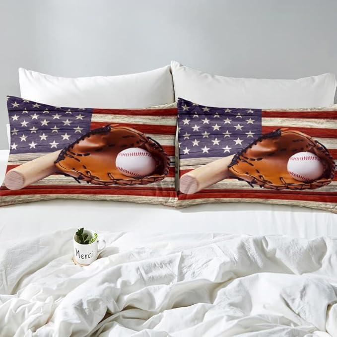 Feelyou Baseball Sports Duvet Cover Set for Kids Boys Girls America Flag Comforter Cover Retro Wooden Bedding Set 1 Duvet Cover & 2 Pillowcases