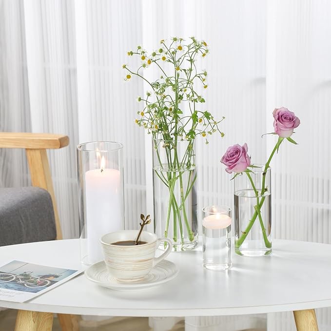 UDU 16 Pack Cylinder Glass Vases for Centerpiece 4,6,8,10 Inch Tall Clear Flower Vase Hurricane Candle Holder Floating Candle Vases for Table Centerpiece Wedding Home Decor