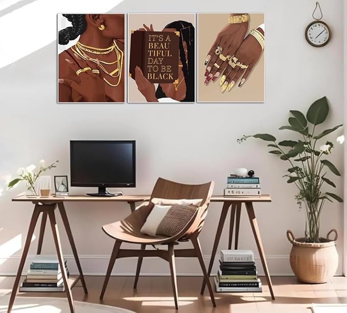 Marllifenney 3 Pcs Black Woman Wall Art Black Girl Posters Abstract African American Canvas Prints Black Women Painting Decor Modern Boho Female Pictures for Bedroom Living Room 12x16in Unframed