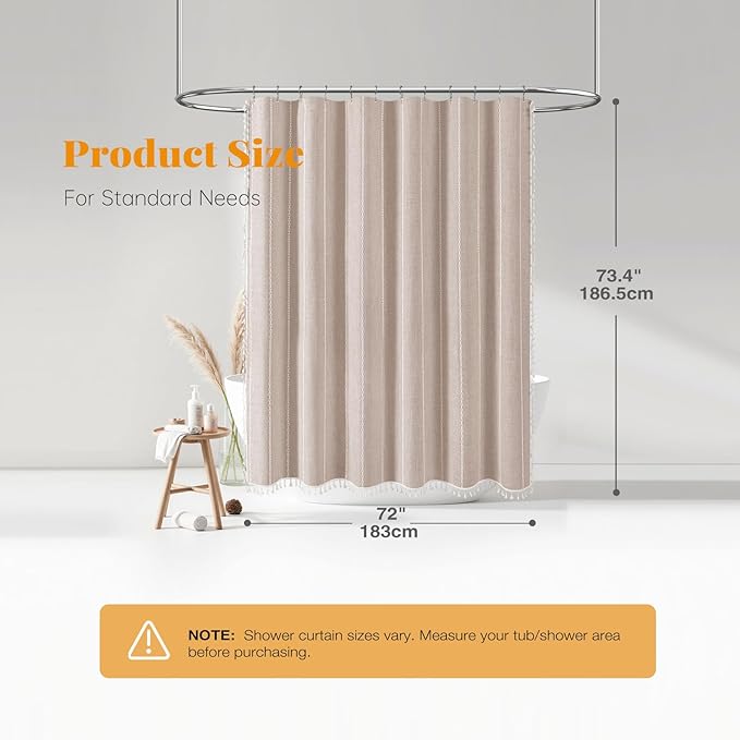 BTTN Boho Farmhouse Shower Curtain, Linen Rustic Heavy Duty Striped Fabric Shower Curtain Set with Tassel, Water Repellent, Bohemian Vintage Country Cloth Shower Curtain for Bathroom, Tan/Taupe, 72x72