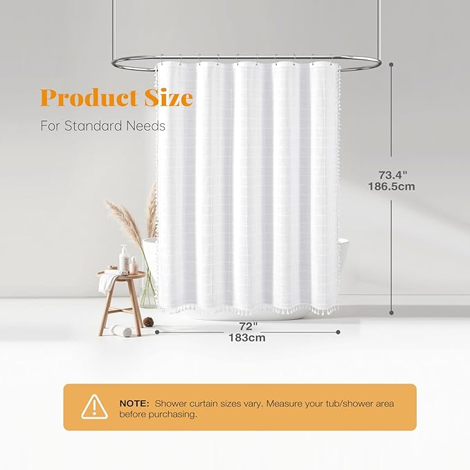 BTTN Boho Farmhouse Shower Curtain, Linen Rustic Heavy Duty Fabric Shower Curtain Set with Tassel, Bohemian Country Ultra Thick Shower Curtain for Bathroom, Wrinkle Free, Water Repellent, White, 72x72