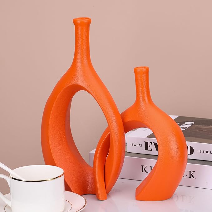 Orange Unique Hollow Bud Vases Set of 2,Modern Snuggle and Huging Style Ceramic Vase for Pampas Grass,Living Room Decorations for Fireplace,Coffee Table Centerpiece,Mantle,Bookshelf Decor