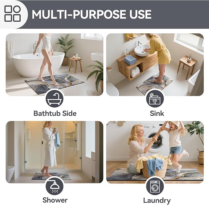 Non Slip Bath Mat Ultra Thin Bathroom Rug Fit Under Door, Rubber Backing Quick Dry Super Absorbent Washable Shower Bath Mats Grey 20x32