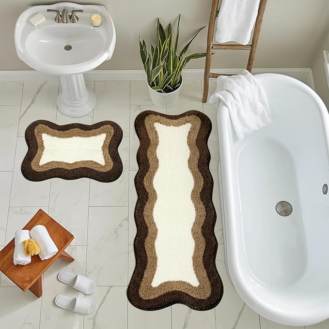 HAOCOO Brown Long Bathroom Rug Runner, Microfiber Absorbent Boho Bath Mats for Bathroom Non-Slip, Washable Soft Plush Shower Mats for Sink Shower Tub