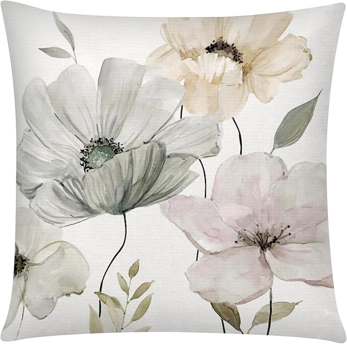 COMMINY Brown White Grey Pillow Covers 20x20 Set of 6 Flower Throw Pillow Cover for Couch Modern Decorative Watercolor Floral Cushion Cover for Sofa Bedroom Living Room Farmhouse Home Decor