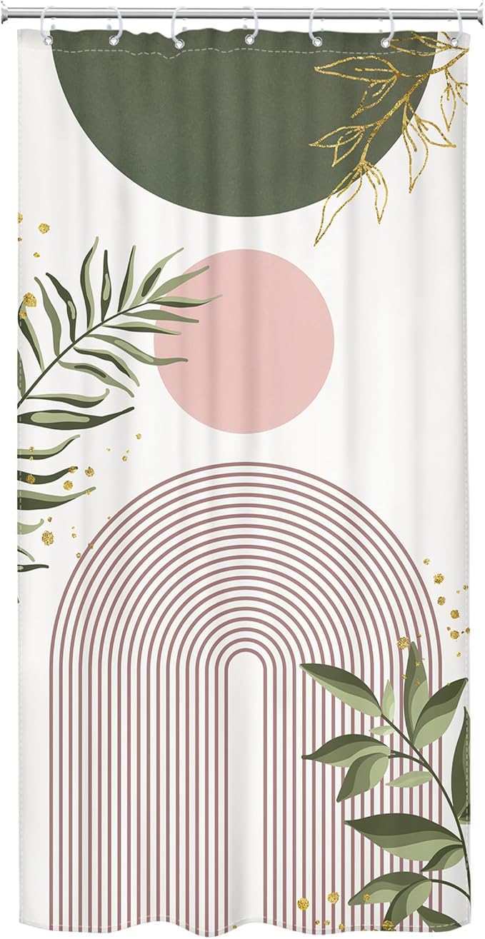 Small Stall Boho Shower Curtain 36Wx72H RV Green Pink Modern Mid Century Abstract Leaves Plant Minimalist Geometric Bathroom Decor Half Narrow Standing Bath Curtain Fabric Polyester 7 Pack Hook