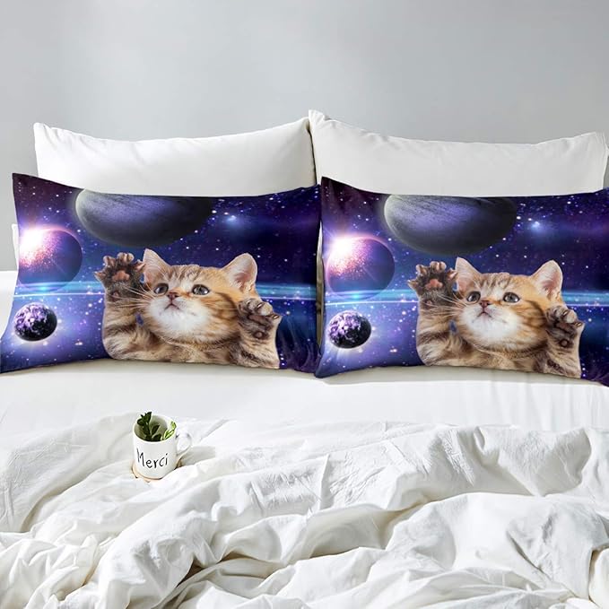 Feelyou Galaxy Cat Duvet Cover Set Universe Galaxy Bedding Set for Kids Boys Girls Cute Kitten Printed Comforter Cover Outer Space Planets Quilt Cover Bedroom Collection 2Pcs Twin Size